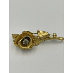 Vintage Victorian Gold Tone Rose Brooch Clear Rhinestone In Center Of Flower 2”